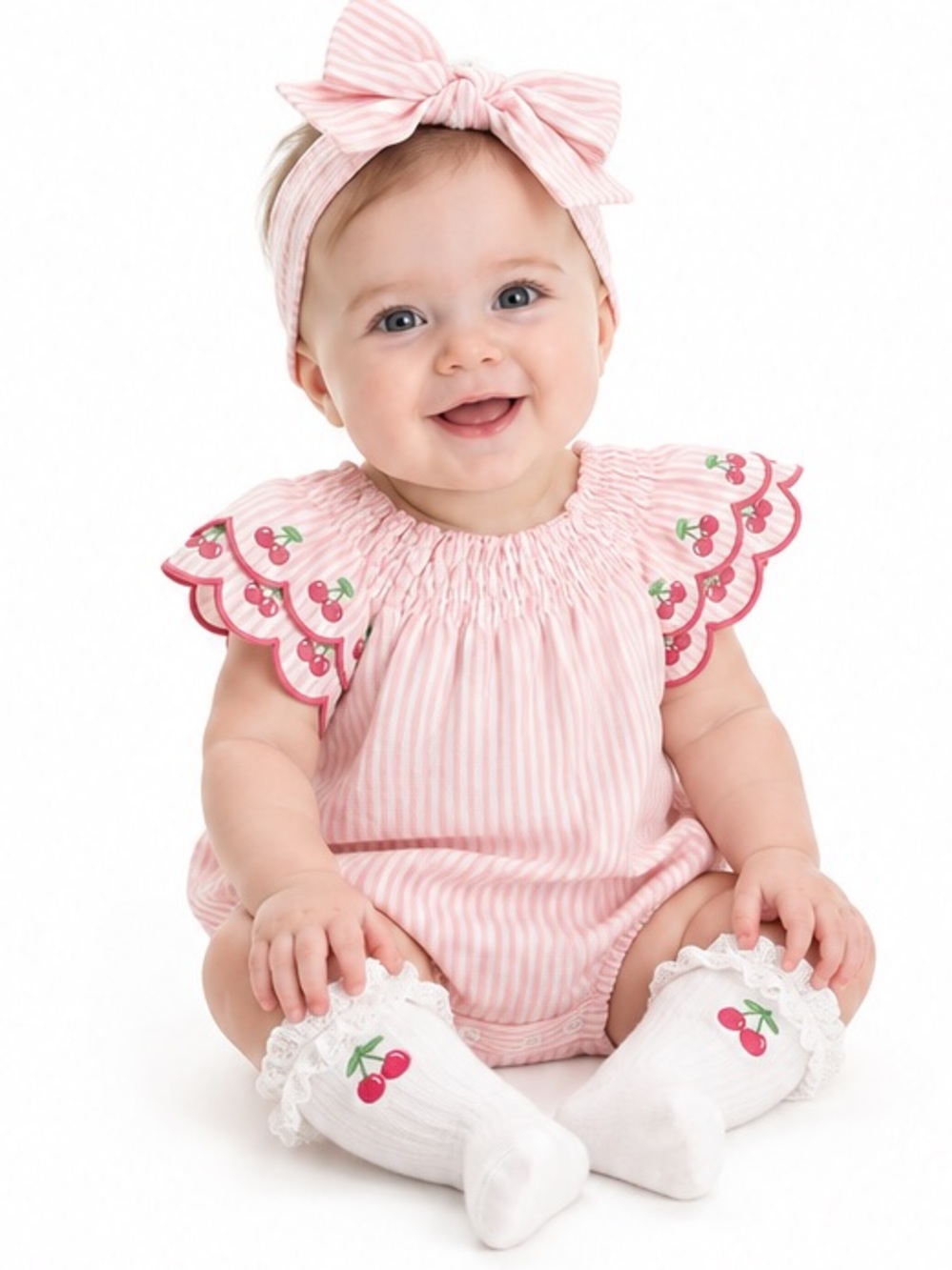 NEW - Rachel Zoe Baby Girl Cherry Romper Headband Socks Set 3-6 Months
